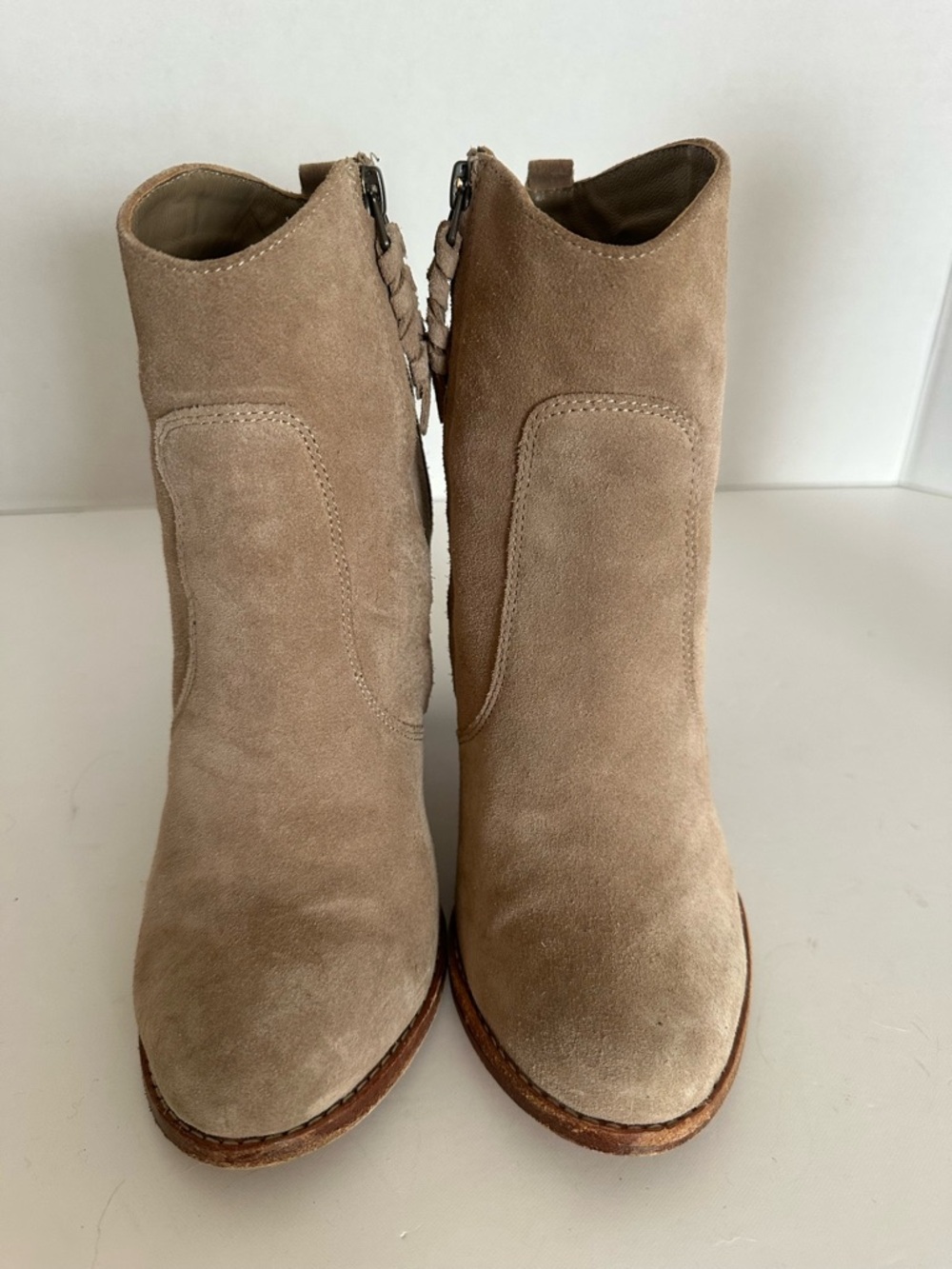 Joie Taupe Suede Ankle Booties. Whipstitch trim western ankle boots.